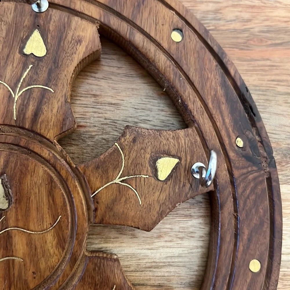 Vintage Boho Inlaid Brass and Wood Wall Key Hanger / Jewelry Hanger.